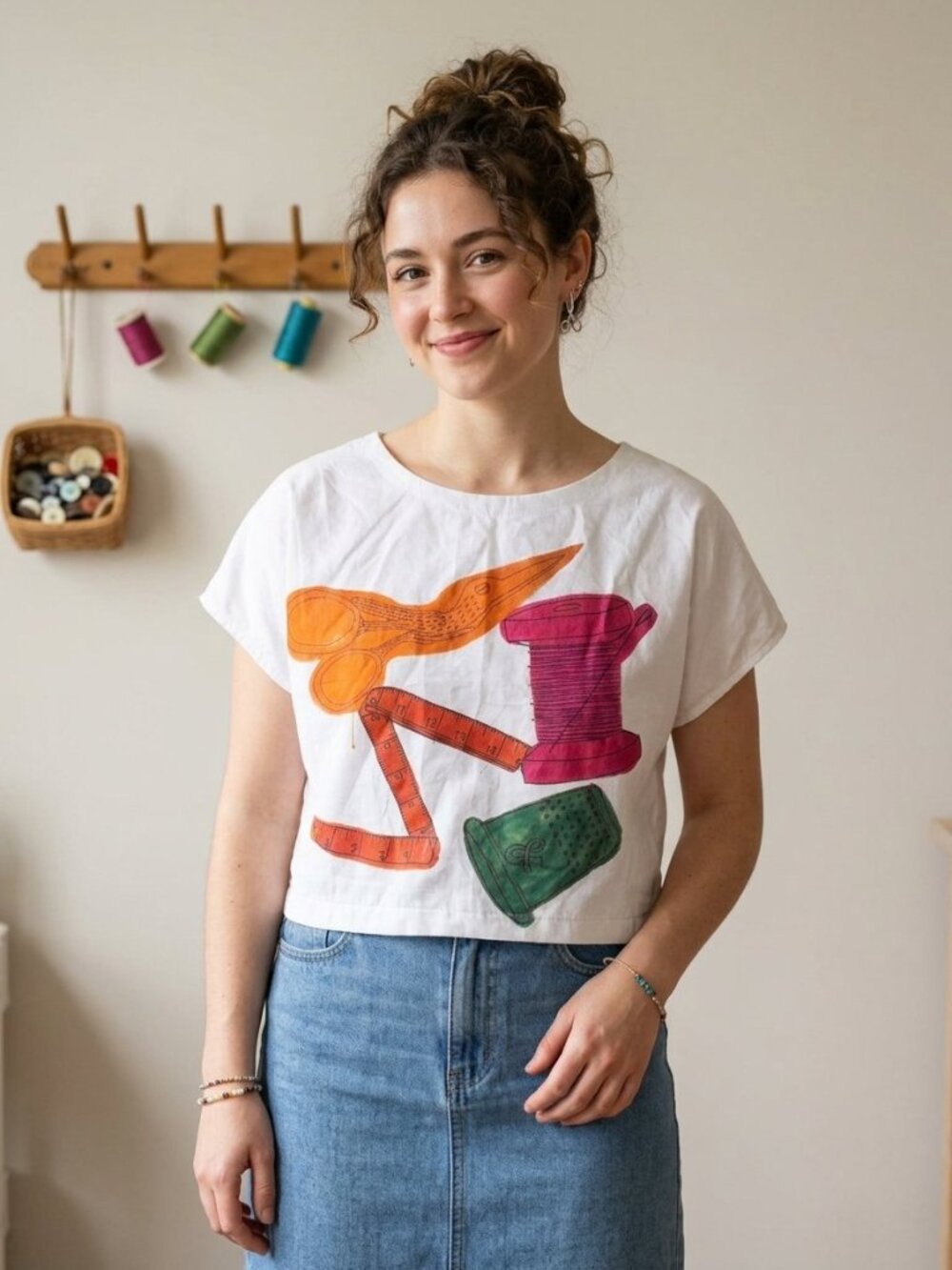 Handmade Hand-Painted Sewing Notions Cropped Boxy Tee White Cotton | One Size